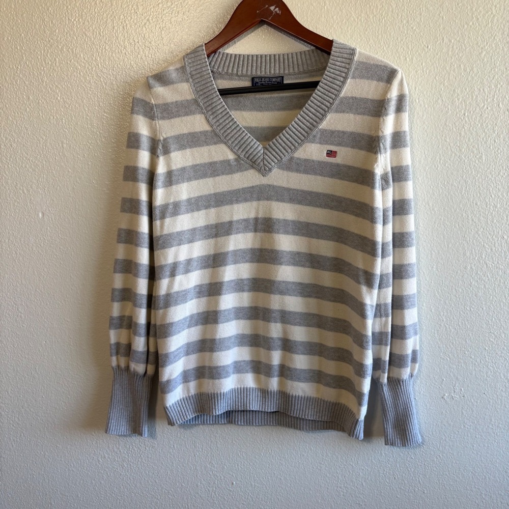 Polo Jeans Co Women's Gray White Striped V Neck Sweater Flag Preppy Knit